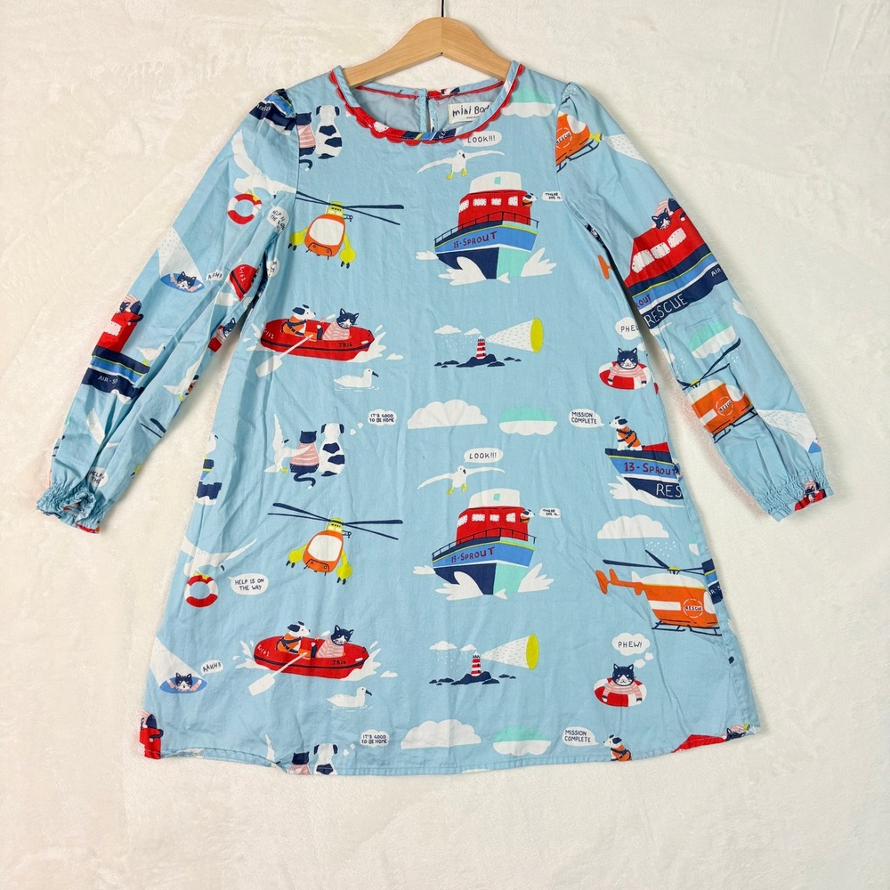 Mini Boden Dress Girls Sz 7-8Y Blue Long Sleeve Nautical Boat Cat Dog Helicopter